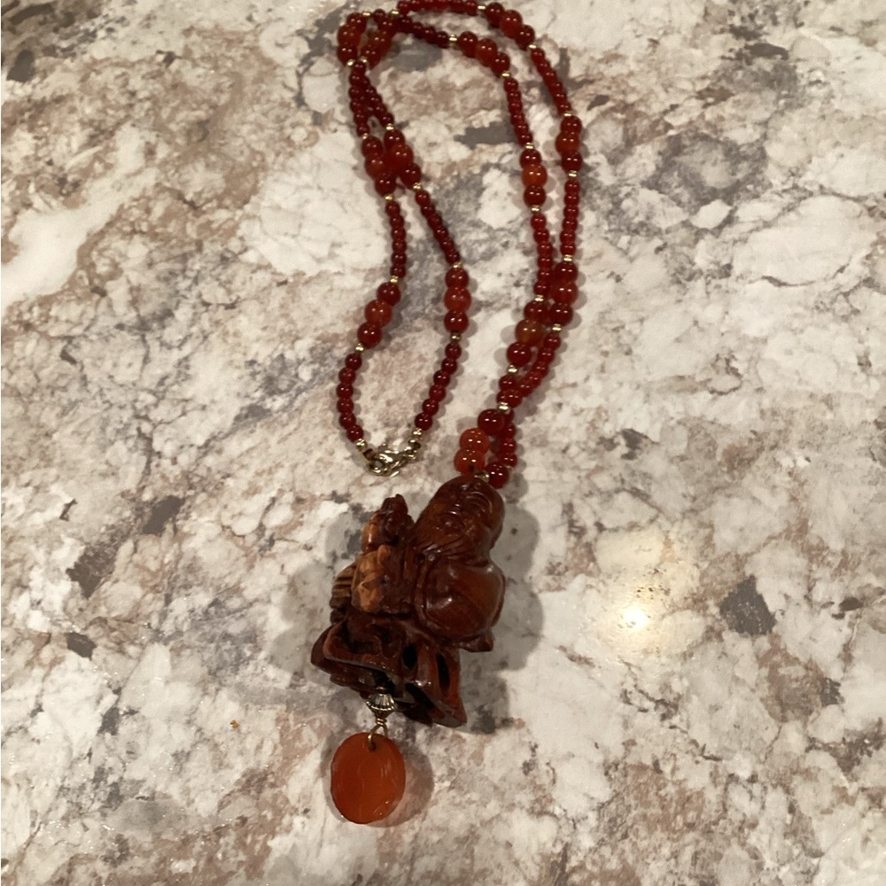 Stunning Carnelian Beaded Necklace with Chinese Carved Wooden Pixiu
